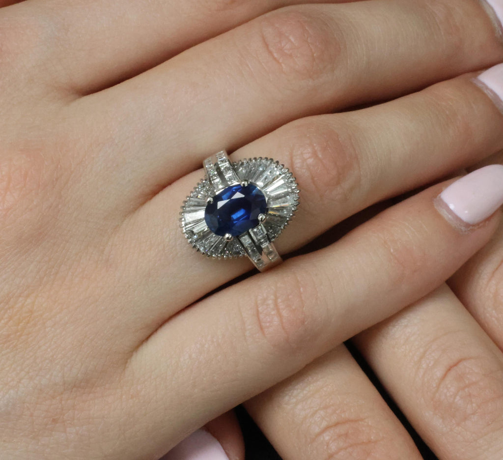 Vintage 2.48ct GIA Intense Blue Sapphire & 2.69ct Diamond Platinum Ring, Size 7