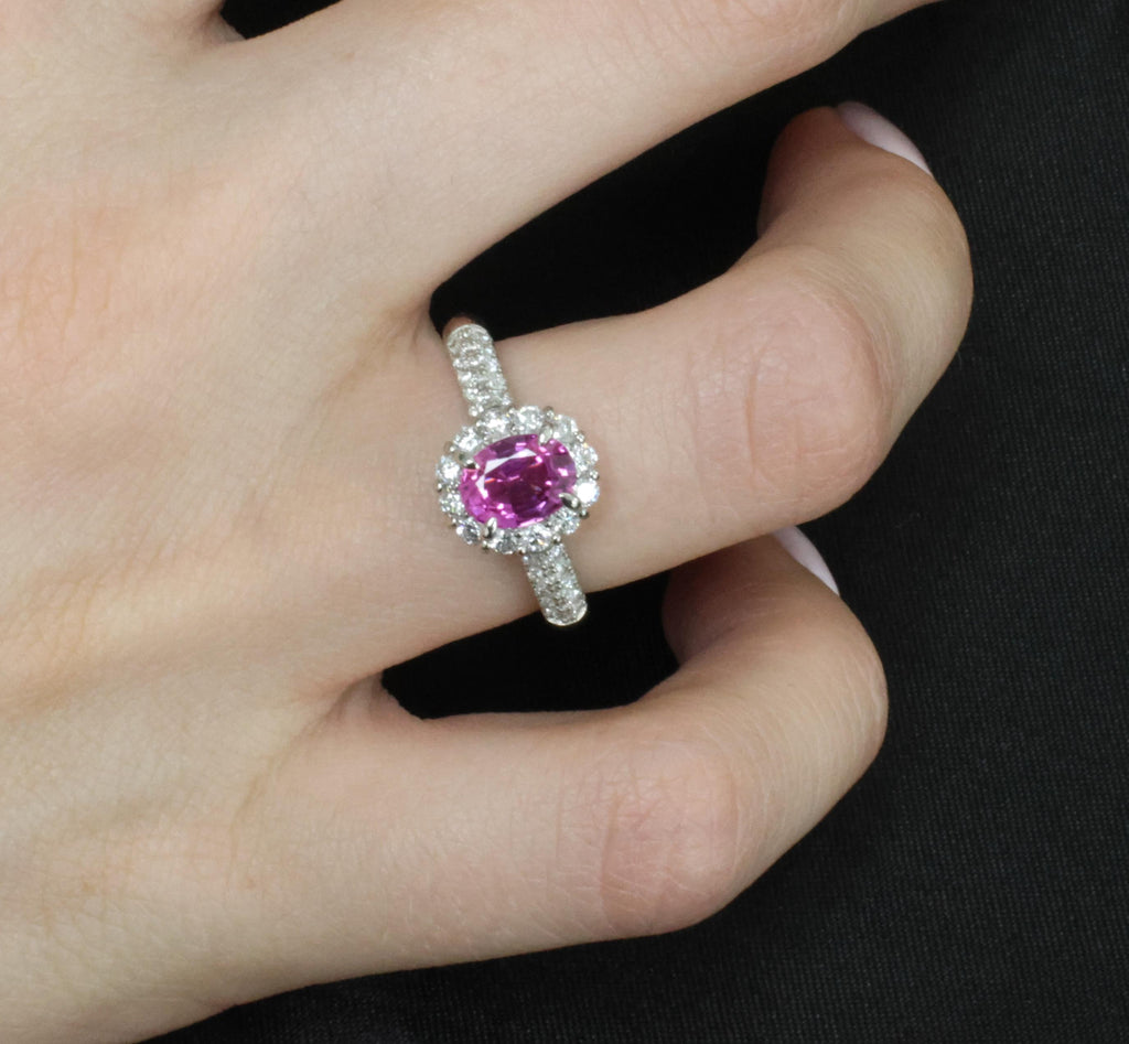 1.41ct Natural Hot Pink Sapphire & 0.53ct Diamond Halo Platinum Ring, Size 6.75