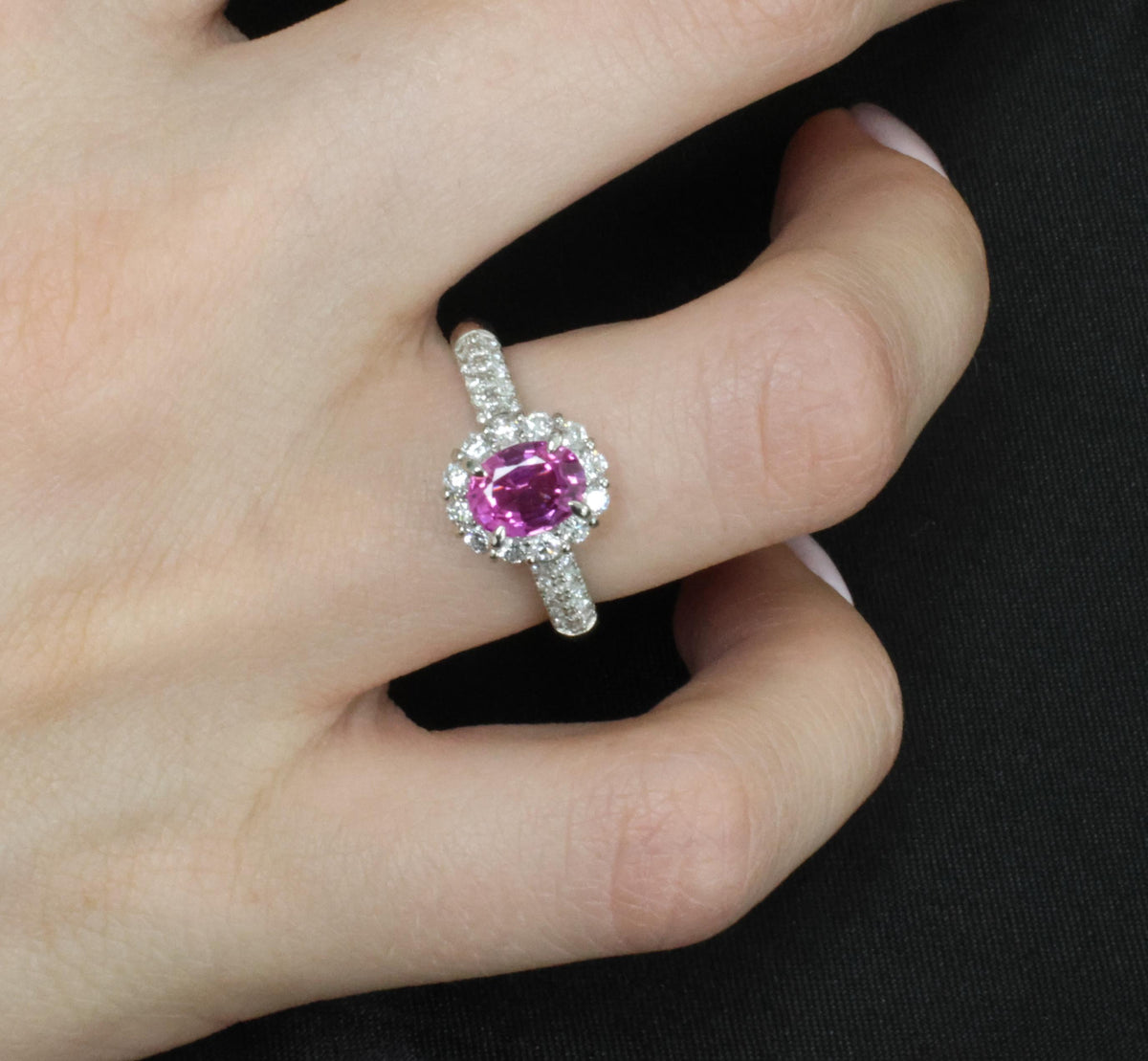 1.41ct Natural Hot Pink Sapphire & 0.53ct Diamond Halo Platinum Ring, Size 6.75