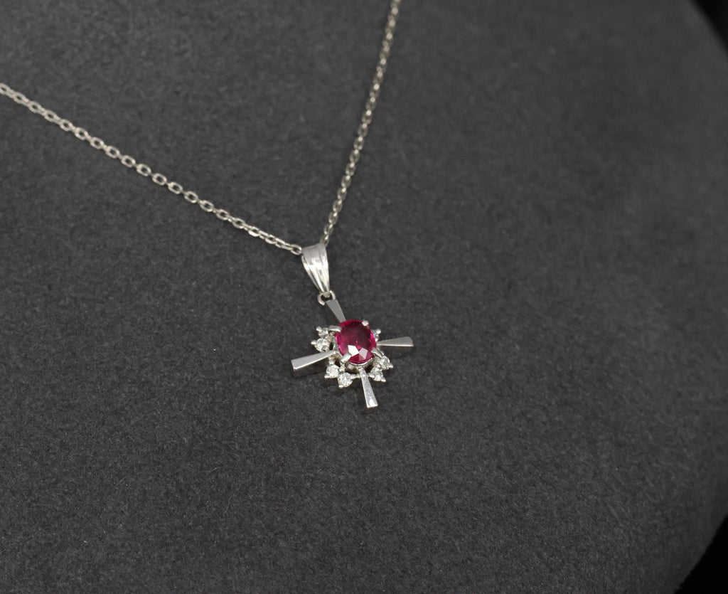 Fine 0.35ct Intense Red Ruby & 0.16ct Diamond Platinum Cross Necklace