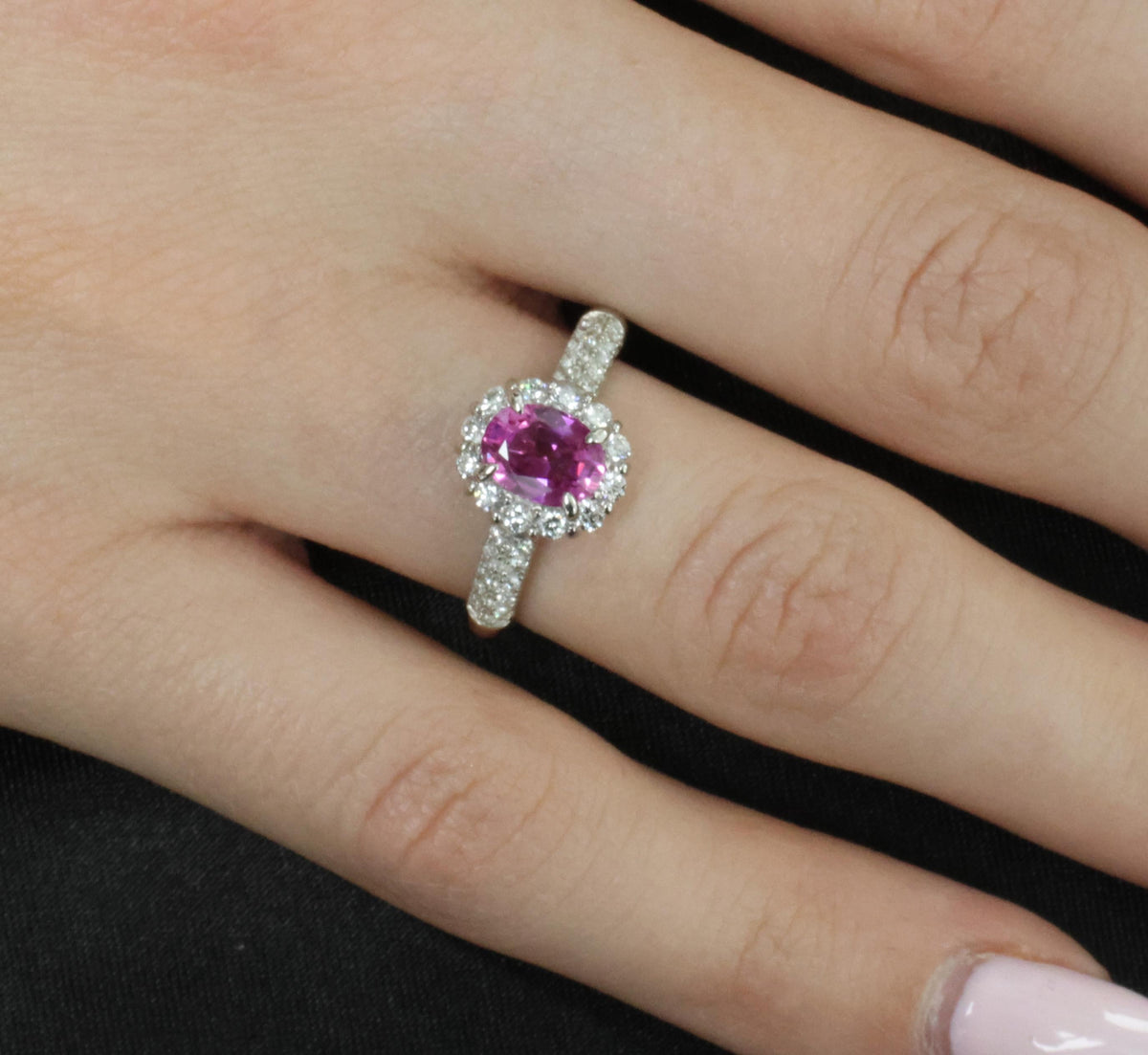 1.41ct Natural Hot Pink Sapphire & 0.53ct Diamond Halo Platinum Ring, Size 6.75