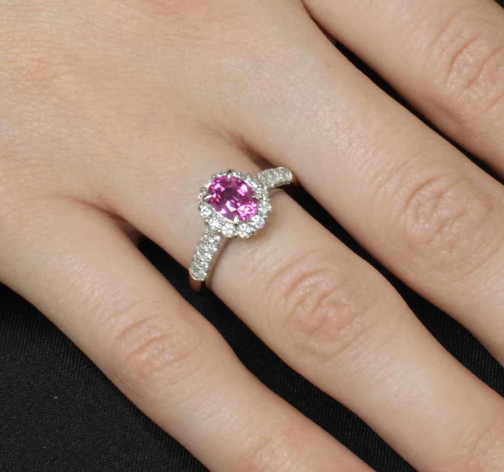 1.41ct Natural Hot Pink Sapphire & 0.53ct Diamond Halo Platinum Ring, Size 6.75