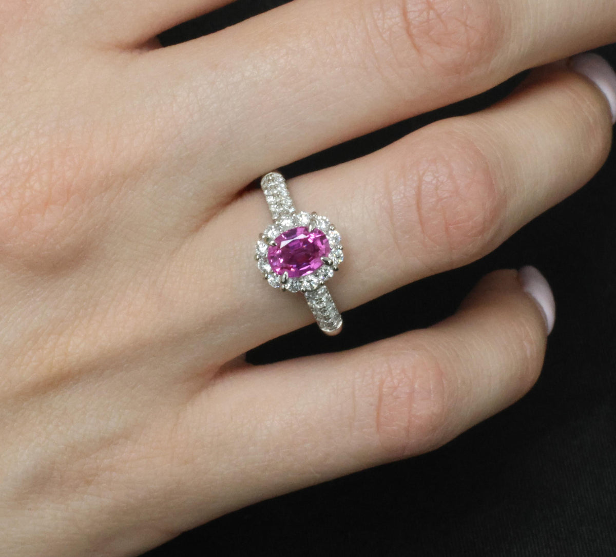 1.41ct Natural Hot Pink Sapphire & 0.53ct Diamond Halo Platinum Ring, Size 6.75