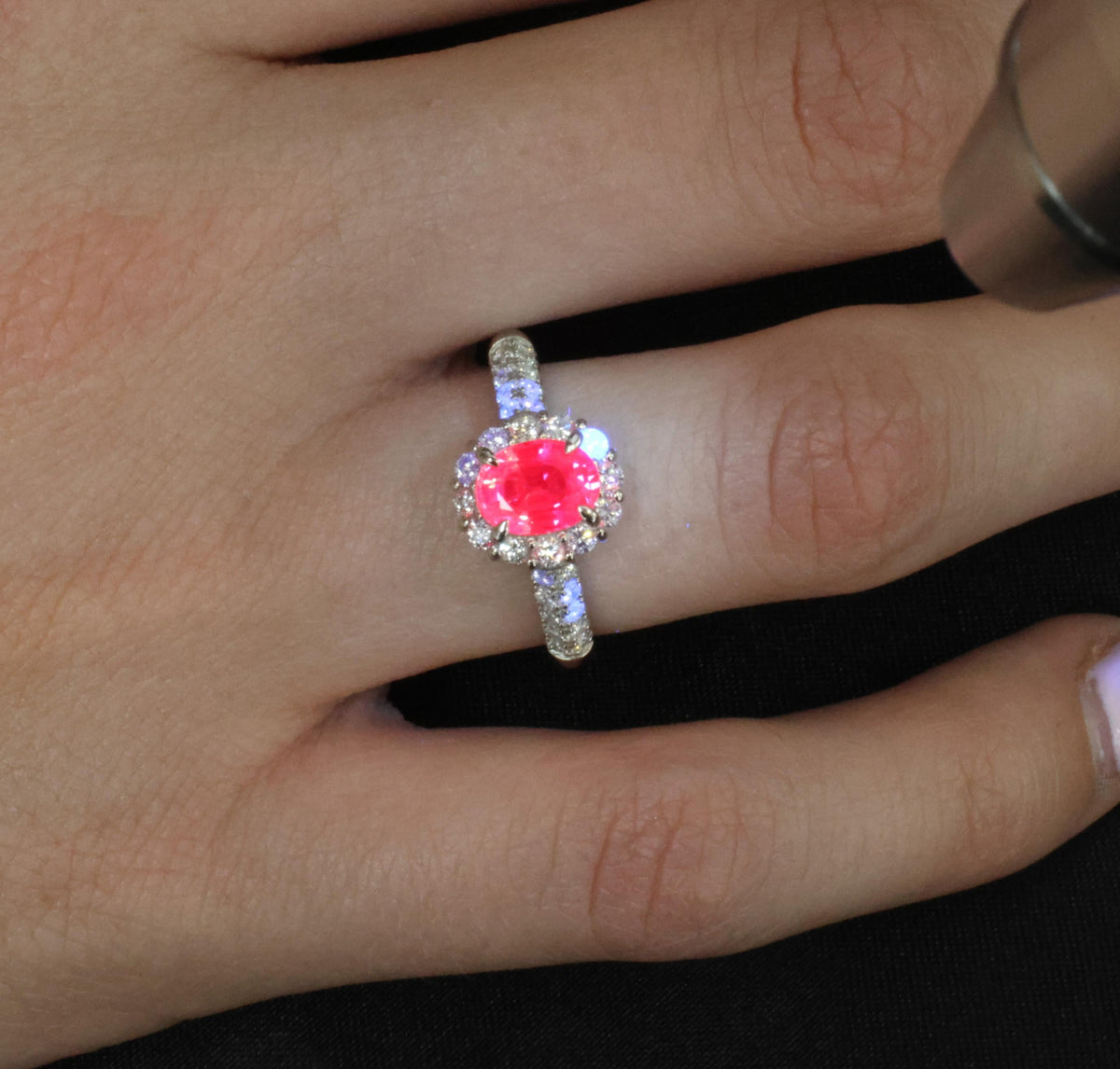 1.41ct Natural Hot Pink Sapphire & 0.53ct Diamond Halo Platinum Ring, Size 6.75