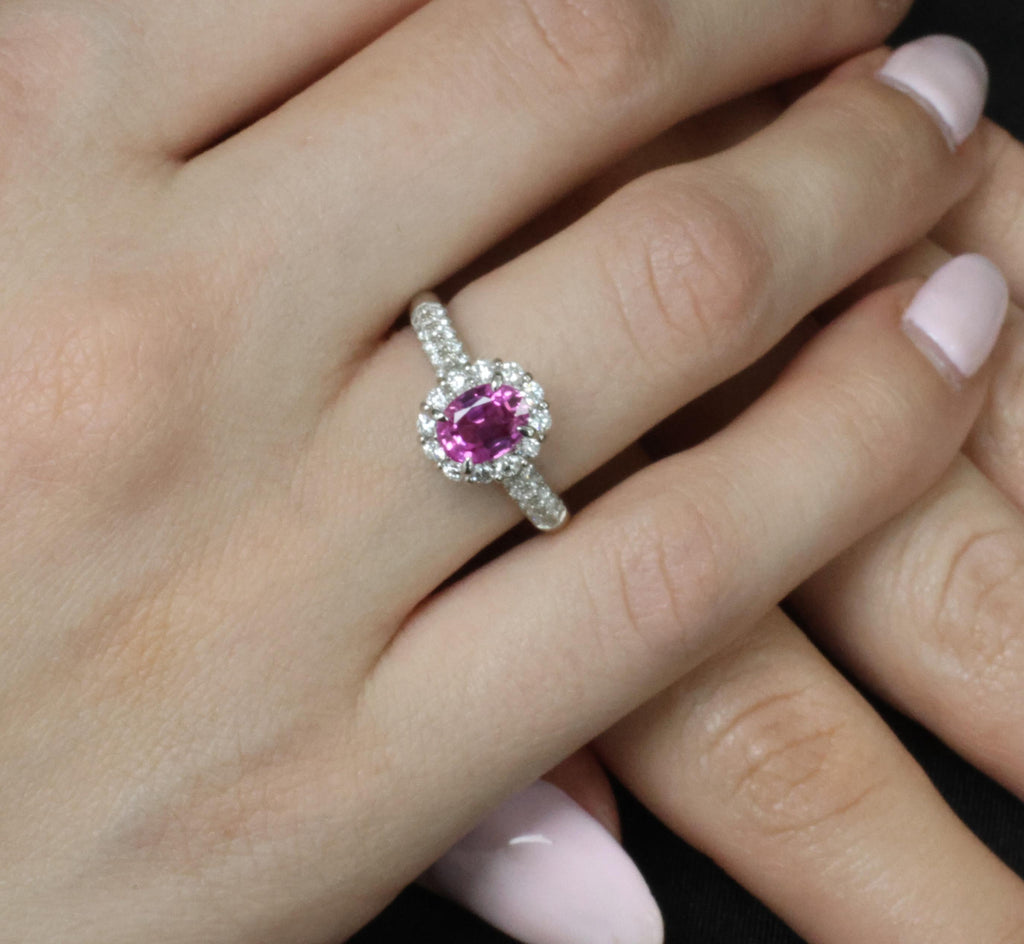 1.41ct Natural Hot Pink Sapphire & 0.53ct Diamond Halo Platinum Ring, Size 6.75