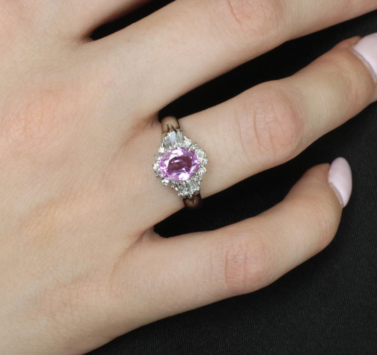 Rare 1.56ct Natural Pink Sapphire & 0.41ct Diamond Halo Platinum Ring, Size 6.75