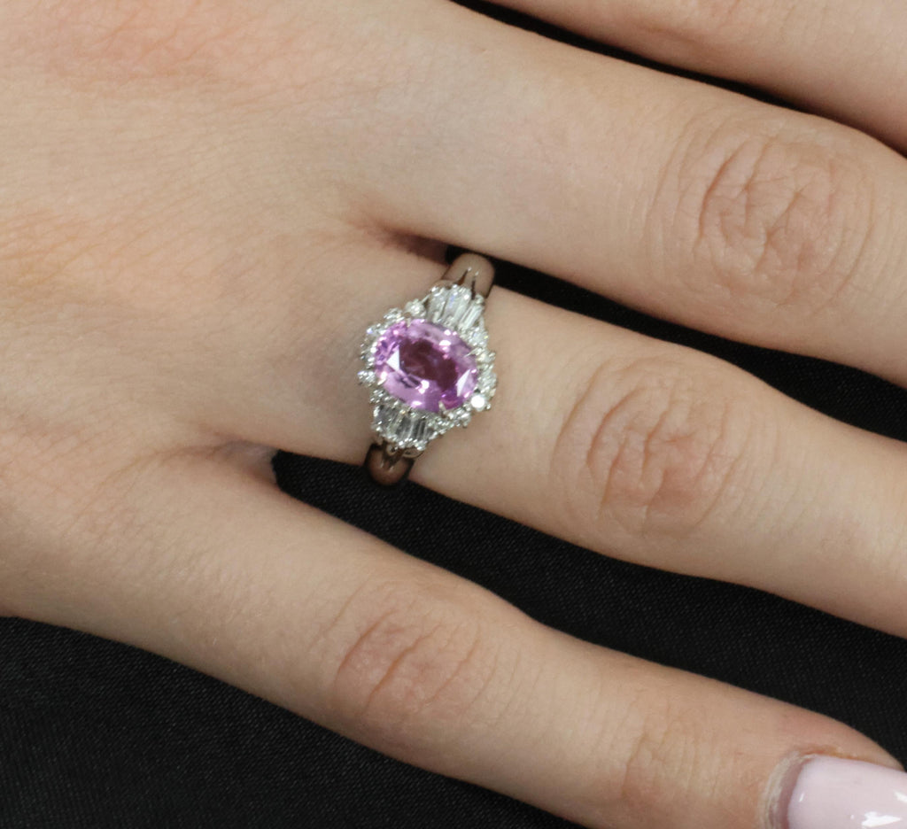Rare 1.56ct Natural Pink Sapphire & 0.41ct Diamond Halo Platinum Ring, Size 6.75