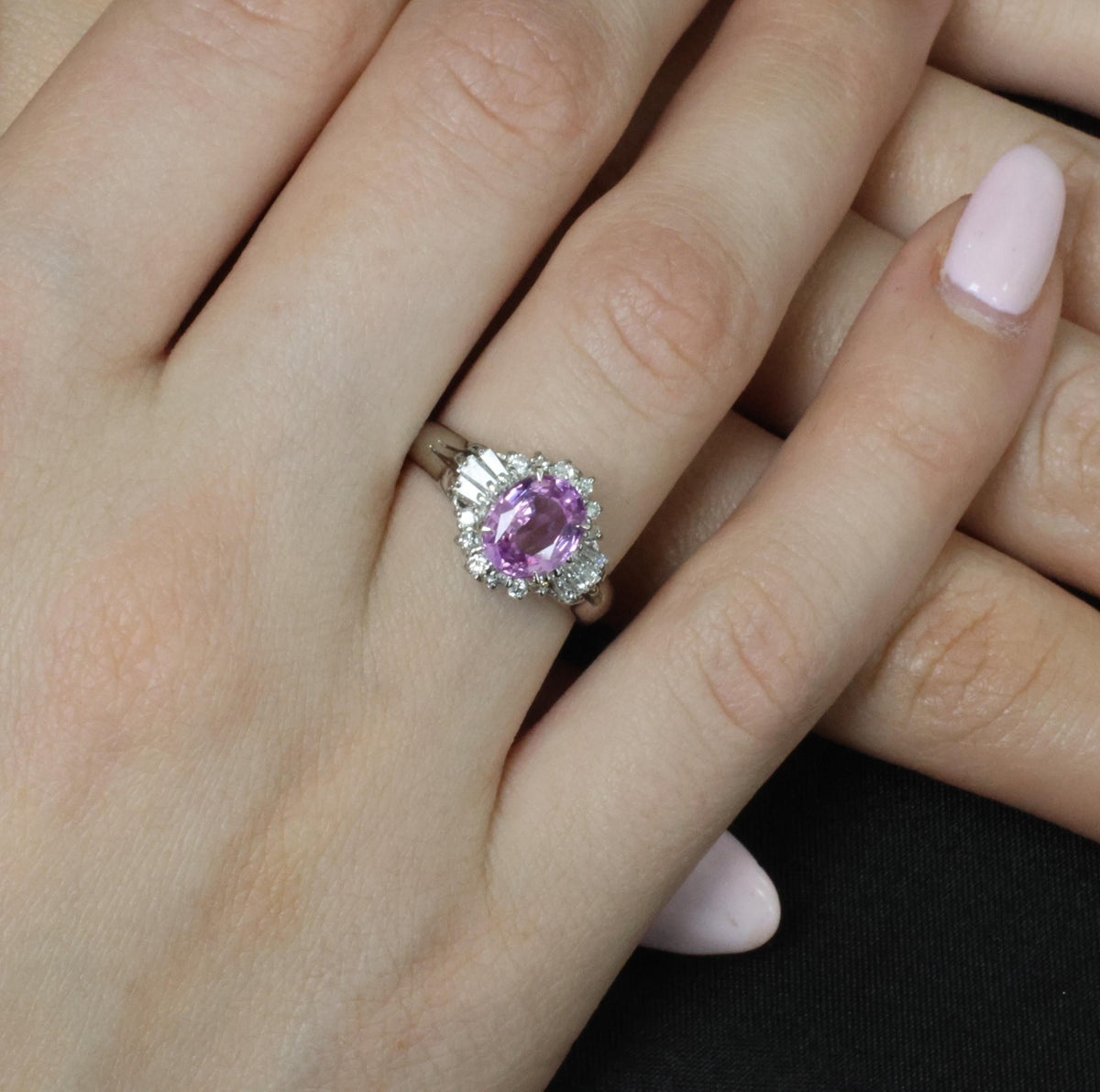 Rare 1.56ct Natural Pink Sapphire & 0.41ct Diamond Halo Platinum Ring, Size 6.75