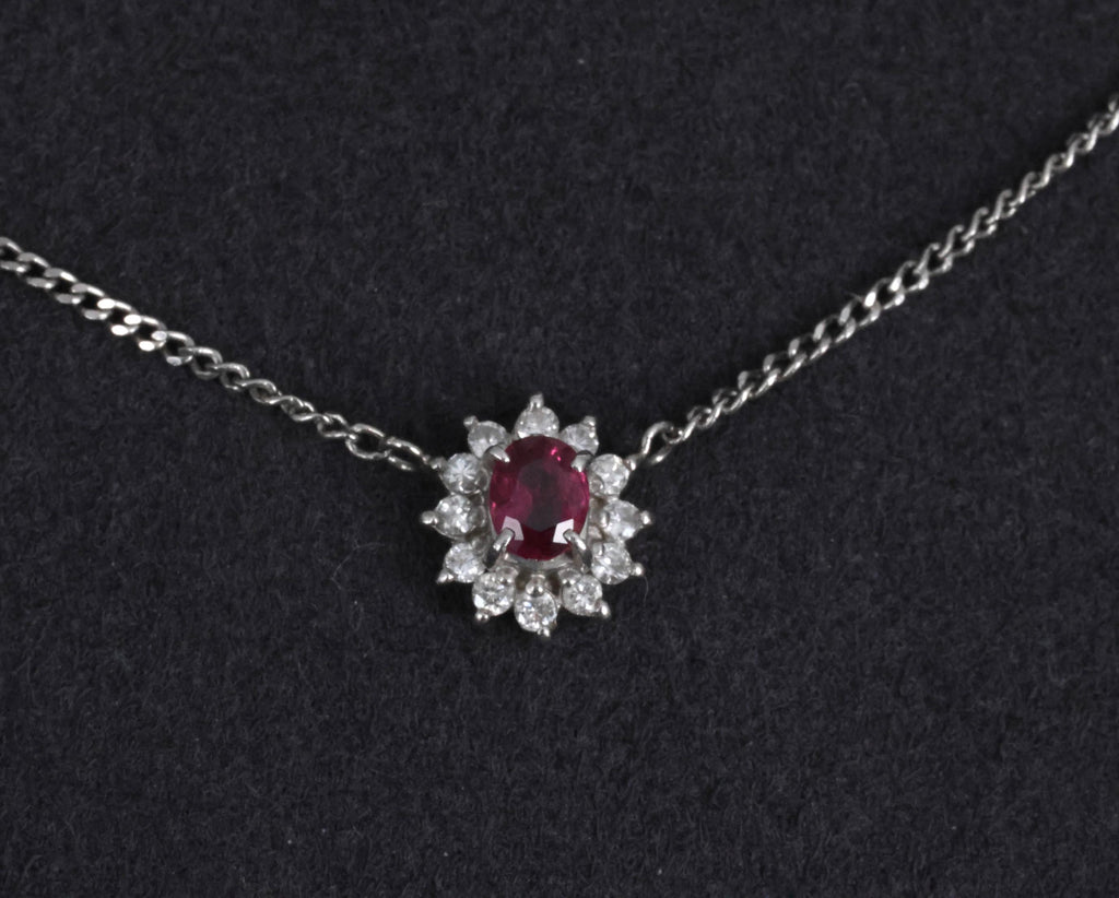 Fine 0.36ct Intense Red Ruby & 0.15ct Diamond Platinum Halo Necklace