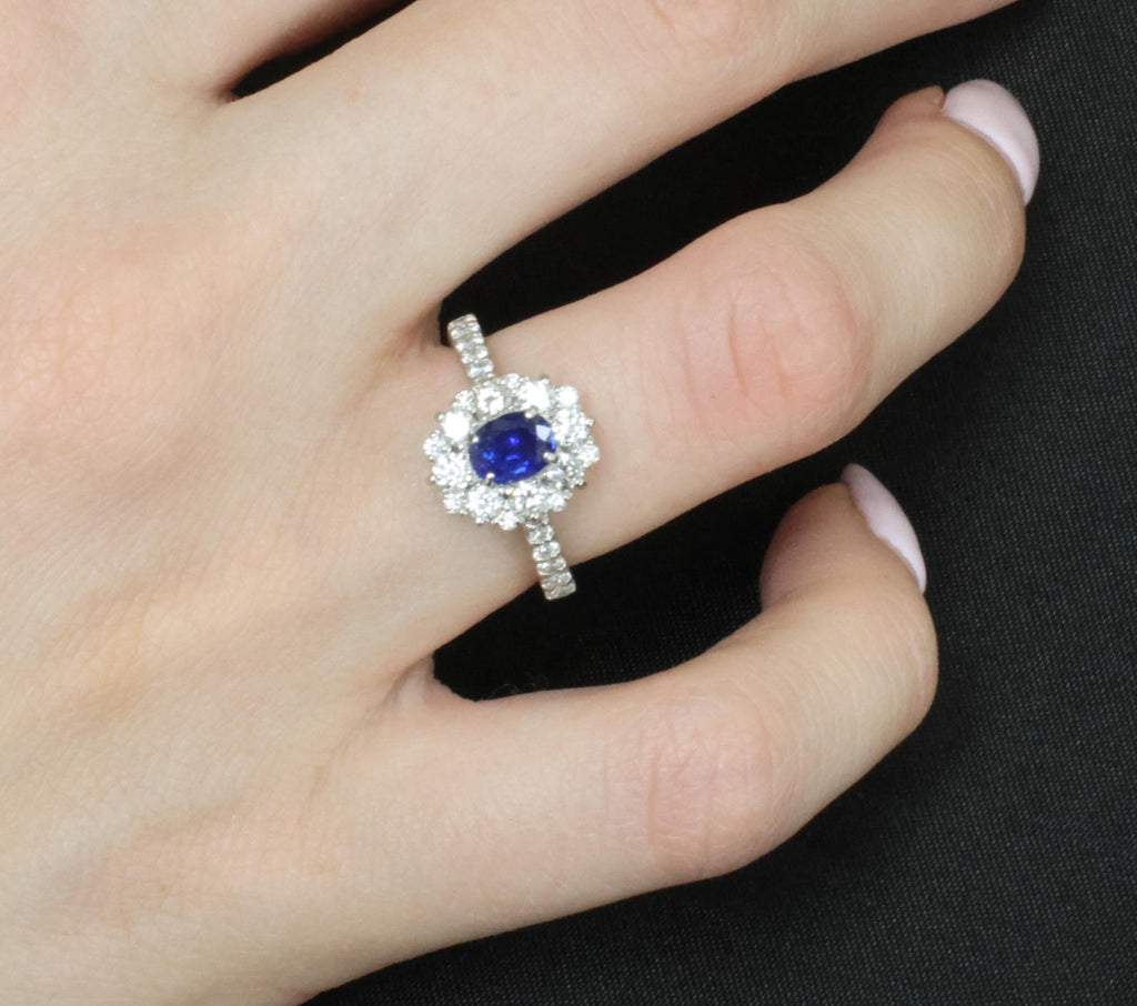 0.98ct Natural Royal Blue Sapphire & 0.81ct Diamond Halo Platinum Ring Size 5.75