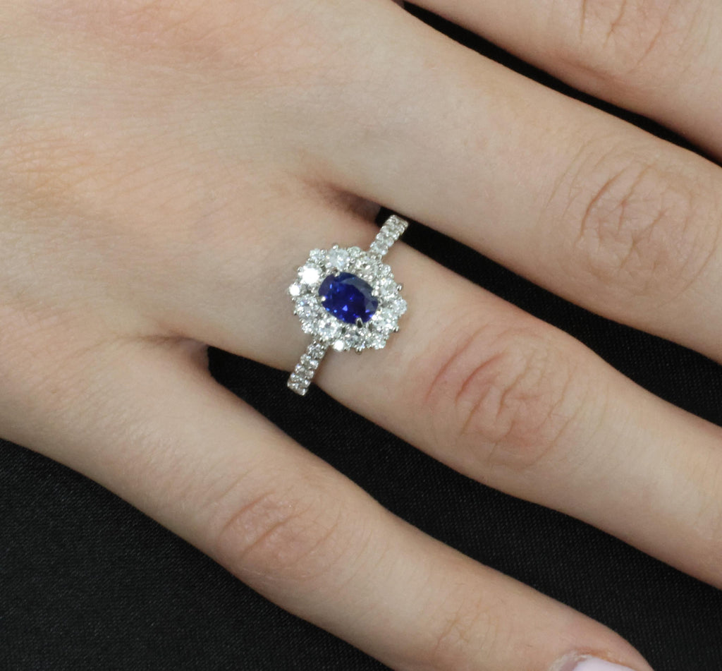 0.98ct Natural Royal Blue Sapphire & 0.81ct Diamond Halo Platinum Ring Size 5.75