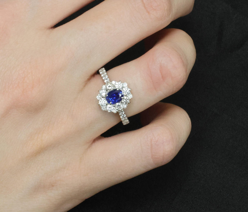 0.98ct Natural Royal Blue Sapphire & 0.81ct Diamond Halo Platinum Ring Size 5.75