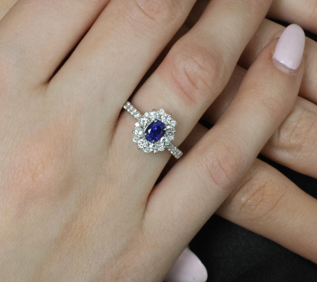 0.98ct Natural Royal Blue Sapphire & 0.81ct Diamond Halo Platinum Ring Size 5.75