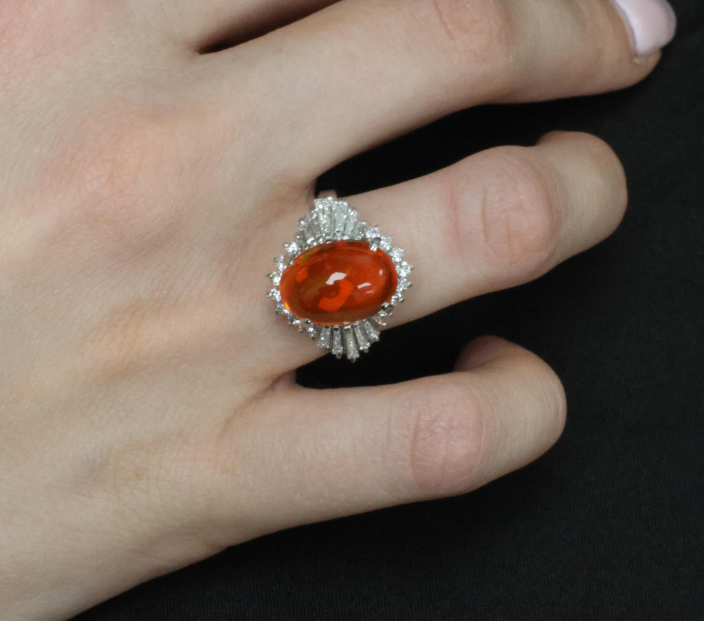 4.68ct Natural Untreated Mexican Fire Opal & 1.07ct Diamond Platinum Ring Size 7