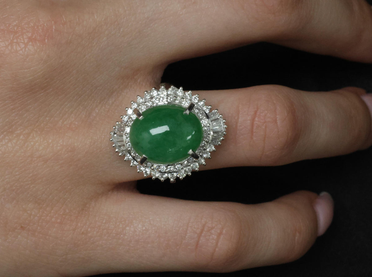 Fine 9.98ct Natural Green Jadeite Jade & 1.21ct Diamond Platinum Ring, Size 7