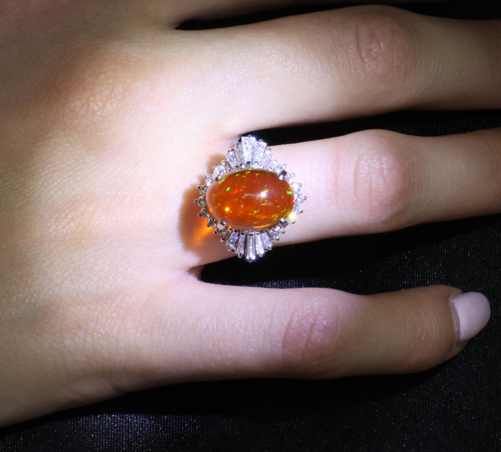 4.68ct Natural Untreated Mexican Fire Opal & 1.07ct Diamond Platinum Ring Size 7