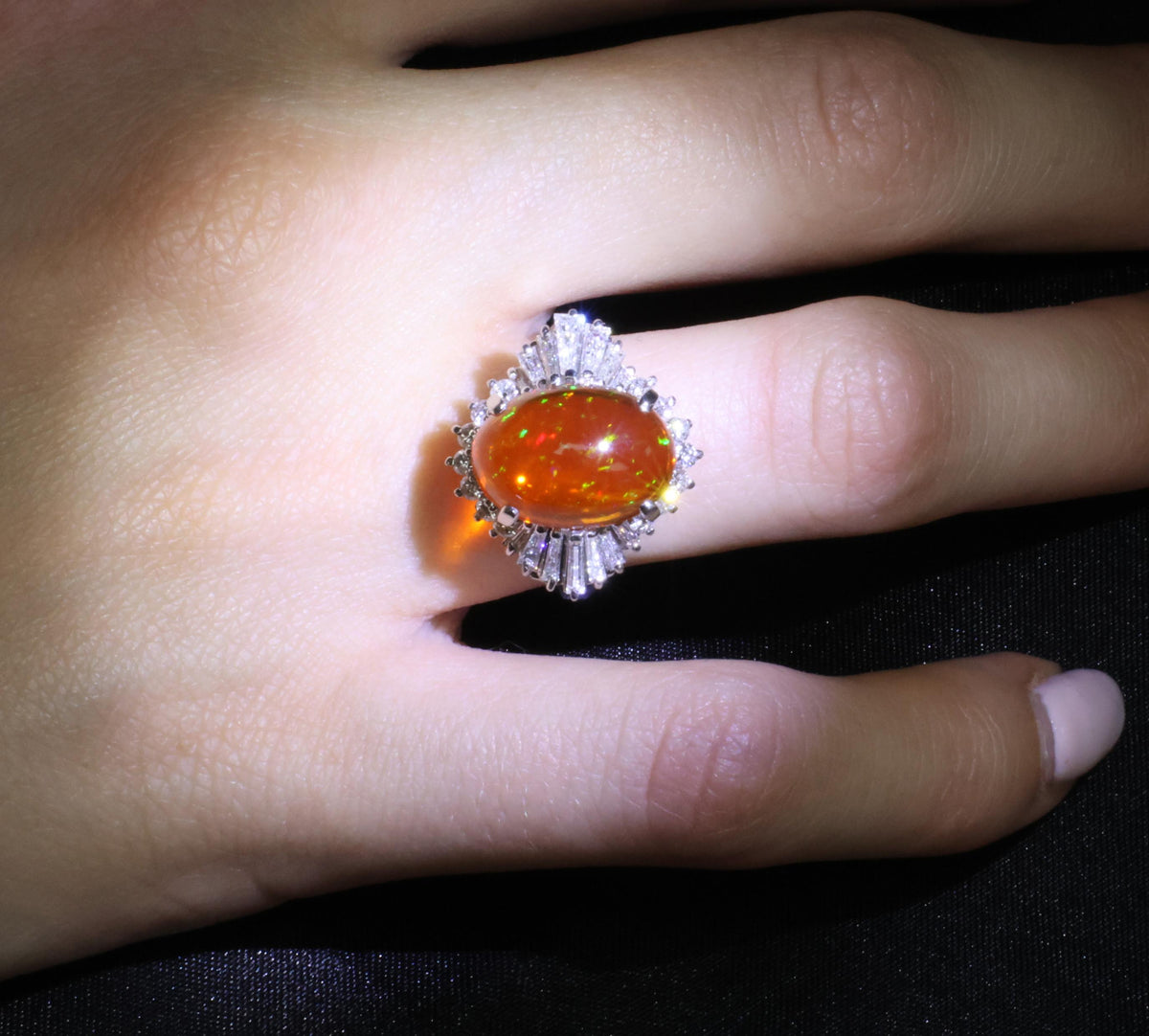 4.68ct Natural Untreated Mexican Fire Opal & 1.07ct Diamond Platinum Ring Size 7