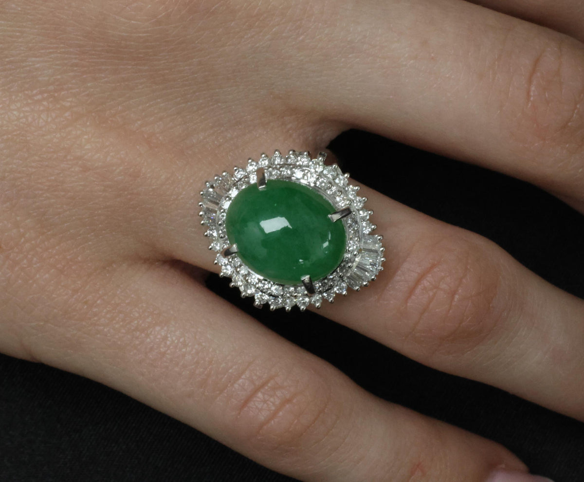 Fine 9.98ct Natural Green Jadeite Jade & 1.21ct Diamond Platinum Ring, Size 7