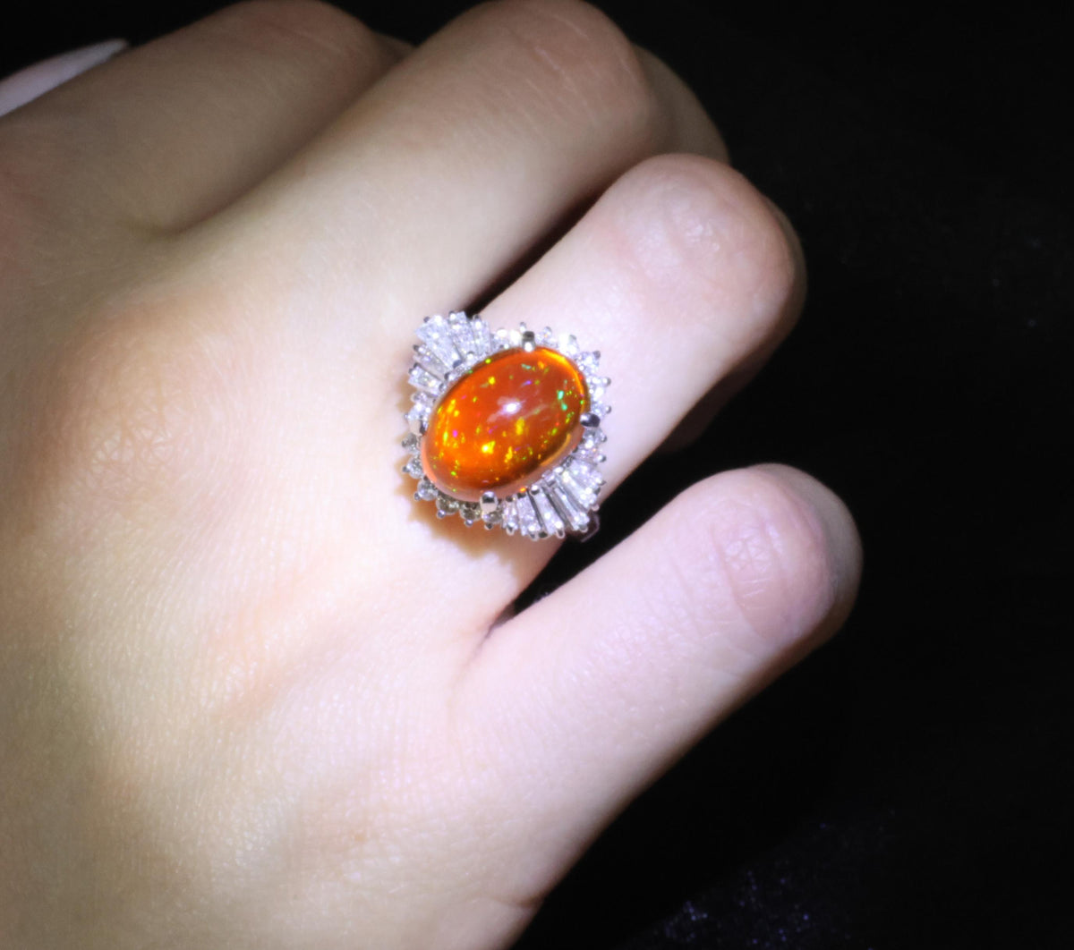 4.68ct Natural Untreated Mexican Fire Opal & 1.07ct Diamond Platinum Ring Size 7