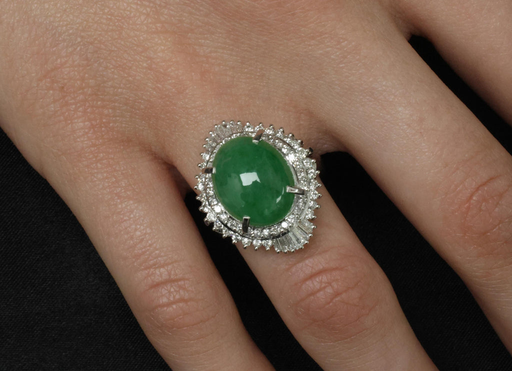 Fine 9.98ct Natural Green Jadeite Jade & 1.21ct Diamond Platinum Ring, Size 7