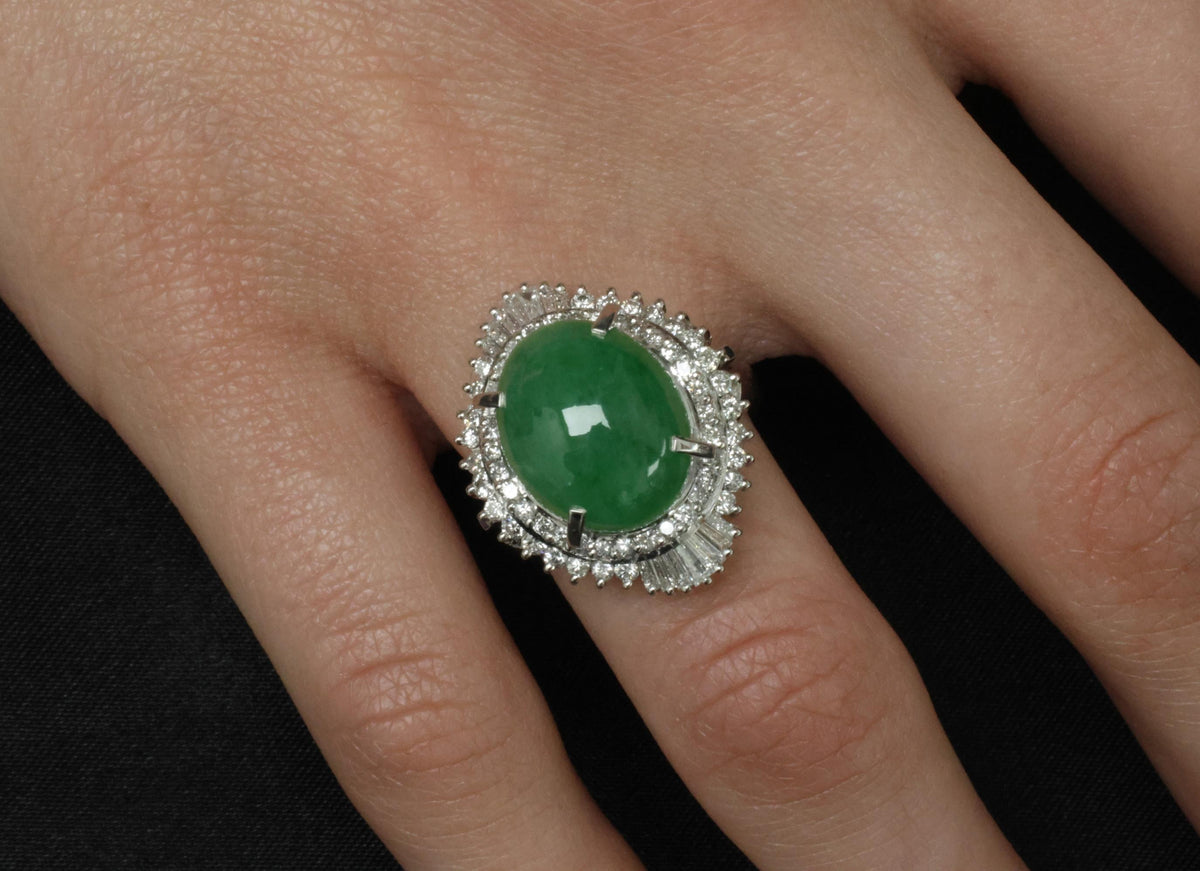 Fine 9.98ct Natural Green Jadeite Jade & 1.21ct Diamond Platinum Ring, Size 7