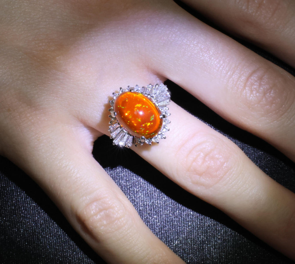 4.68ct Natural Untreated Mexican Fire Opal & 1.07ct Diamond Platinum Ring Size 7