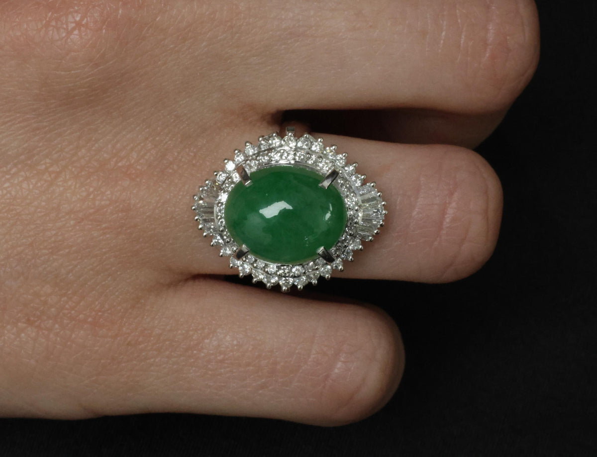 Fine 9.98ct Natural Green Jadeite Jade & 1.21ct Diamond Platinum Ring, Size 7