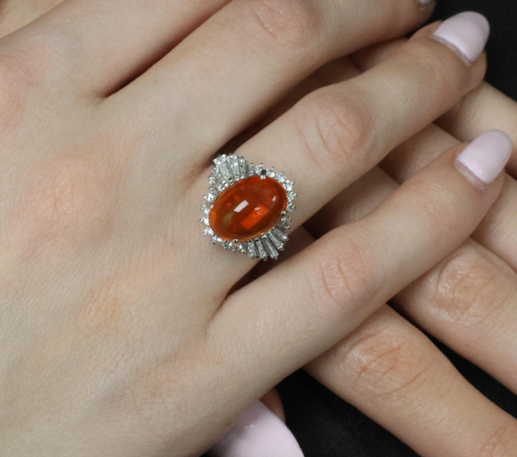 4.68ct Natural Untreated Mexican Fire Opal & 1.07ct Diamond Platinum Ring Size 7