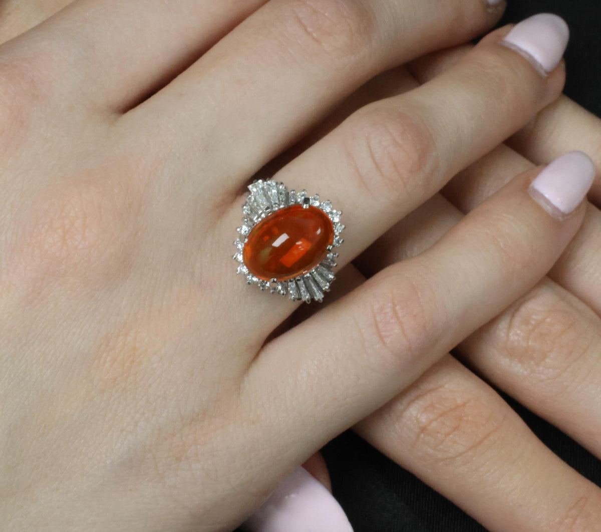 4.68ct Natural Untreated Mexican Fire Opal & 1.07ct Diamond Platinum Ring Size 7