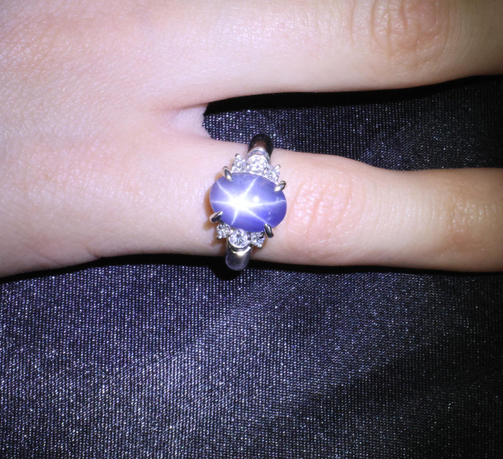 Fine 5.90ct Natural Blue Star Sapphire & 0.21ct Diamond Platinum Ring, Size 4.75