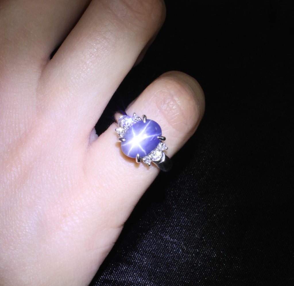 Fine 5.90ct Natural Blue Star Sapphire & 0.21ct Diamond Platinum Ring, Size 4.75