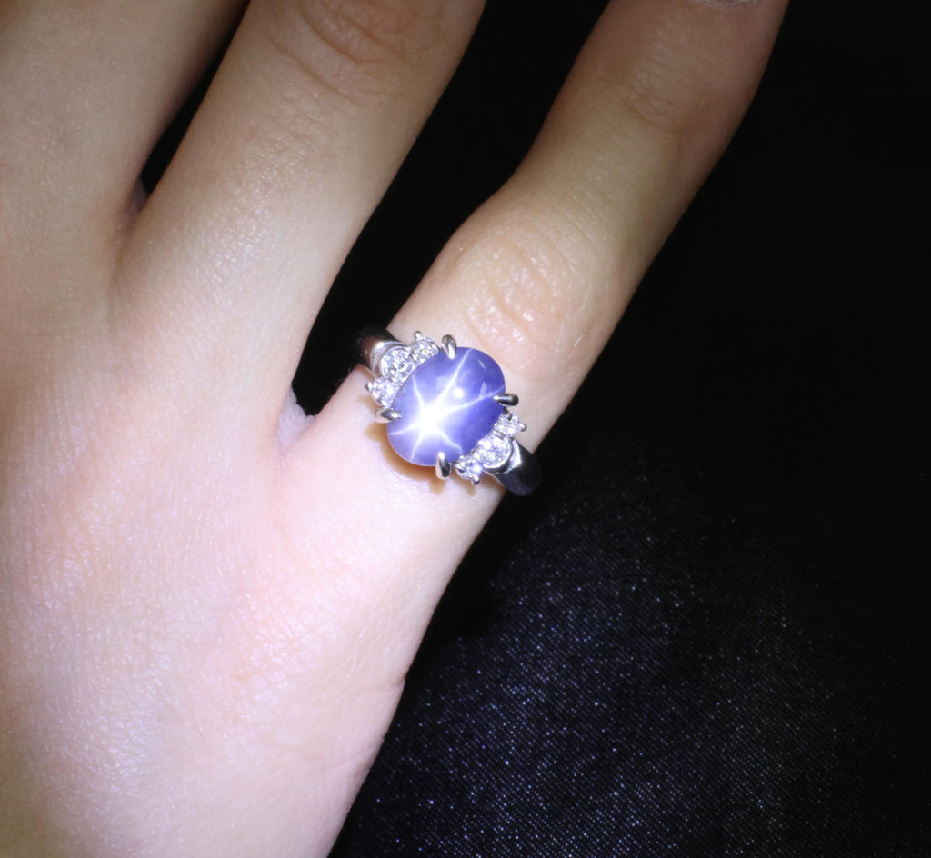 Fine 5.90ct Natural Blue Star Sapphire & 0.21ct Diamond Platinum Ring, Size 4.75