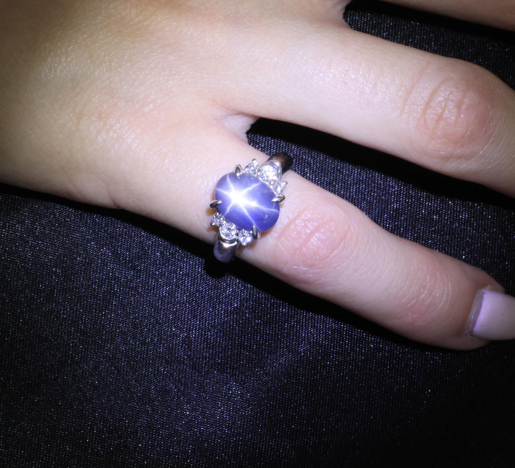 Fine 5.90ct Natural Blue Star Sapphire & 0.21ct Diamond Platinum Ring, Size 4.75