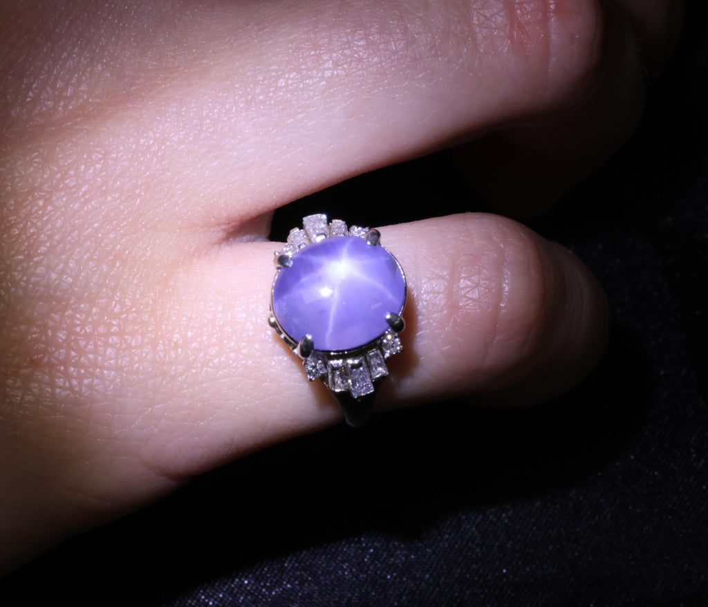 Vintage 7.11ct Blue Star Sapphire & 0.42ct Diamond Platinum Ring, Size 5
