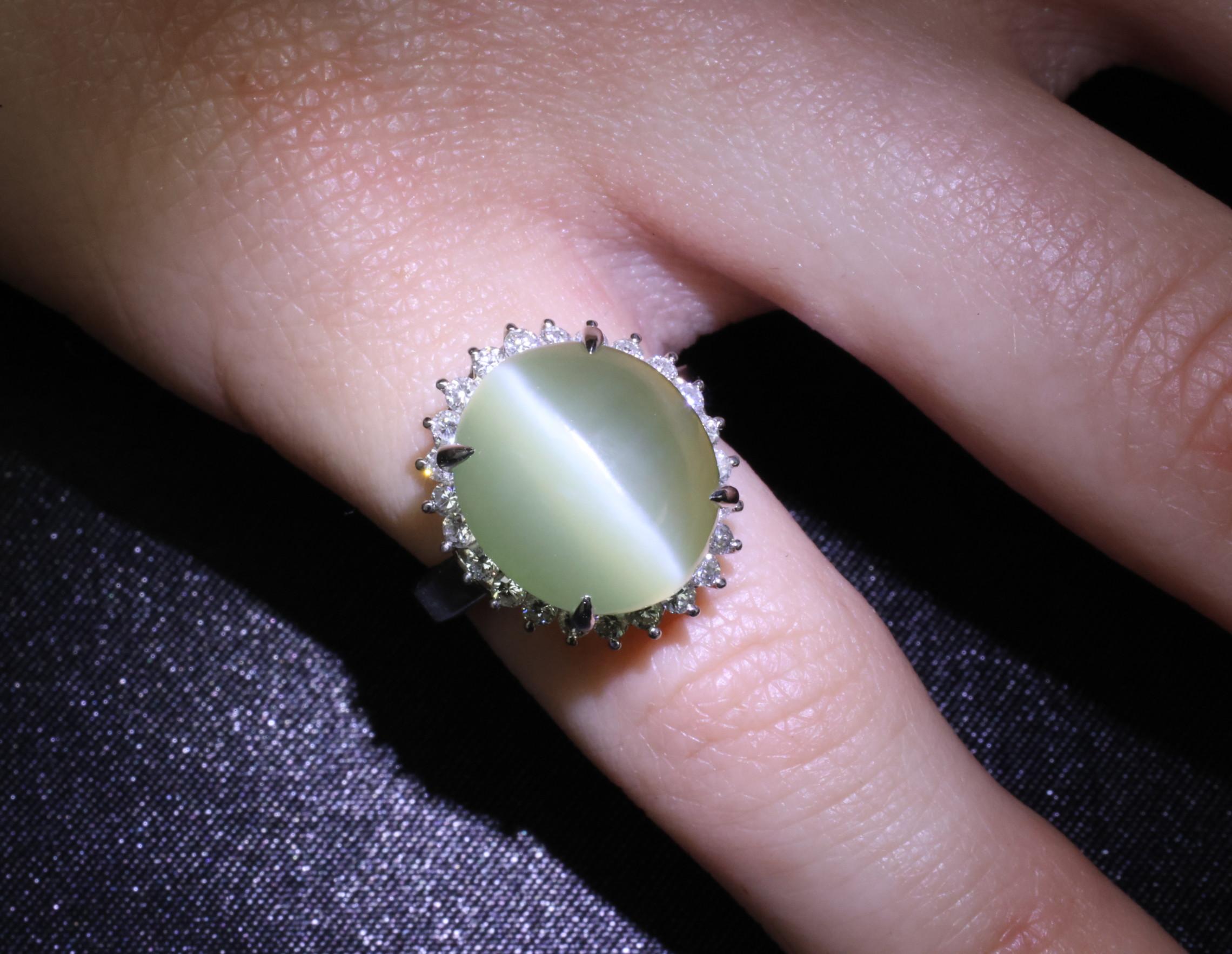 Rare 7.73ct Natural Nephrite Jade Cat's Eye 0.55ct Diamond Platinum Ring Sz 4.25