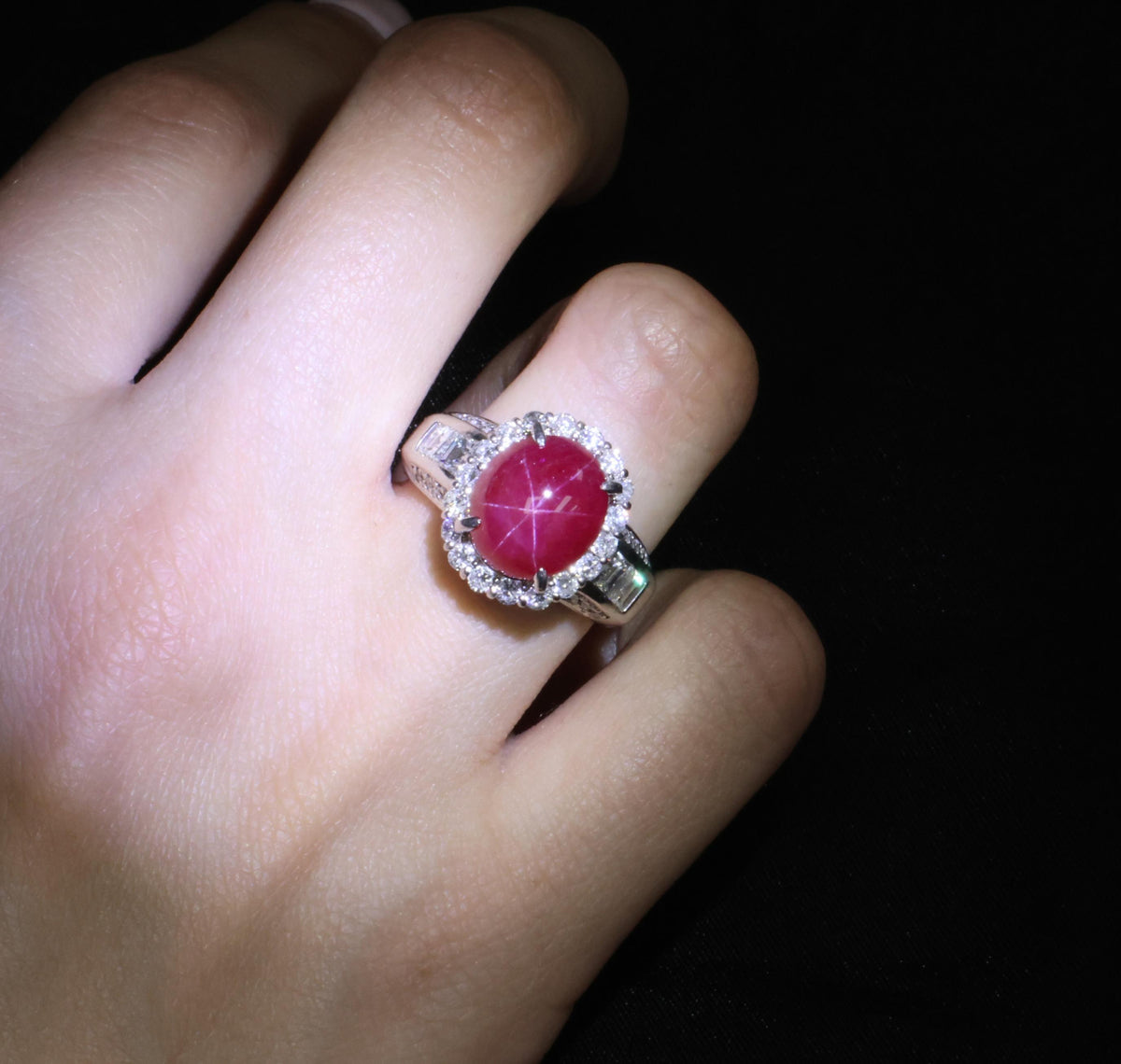 Fine 6.82ct Mitsukoshi Natural Star Ruby 1.50ct Diamond Platinum Ring, Size 7.75