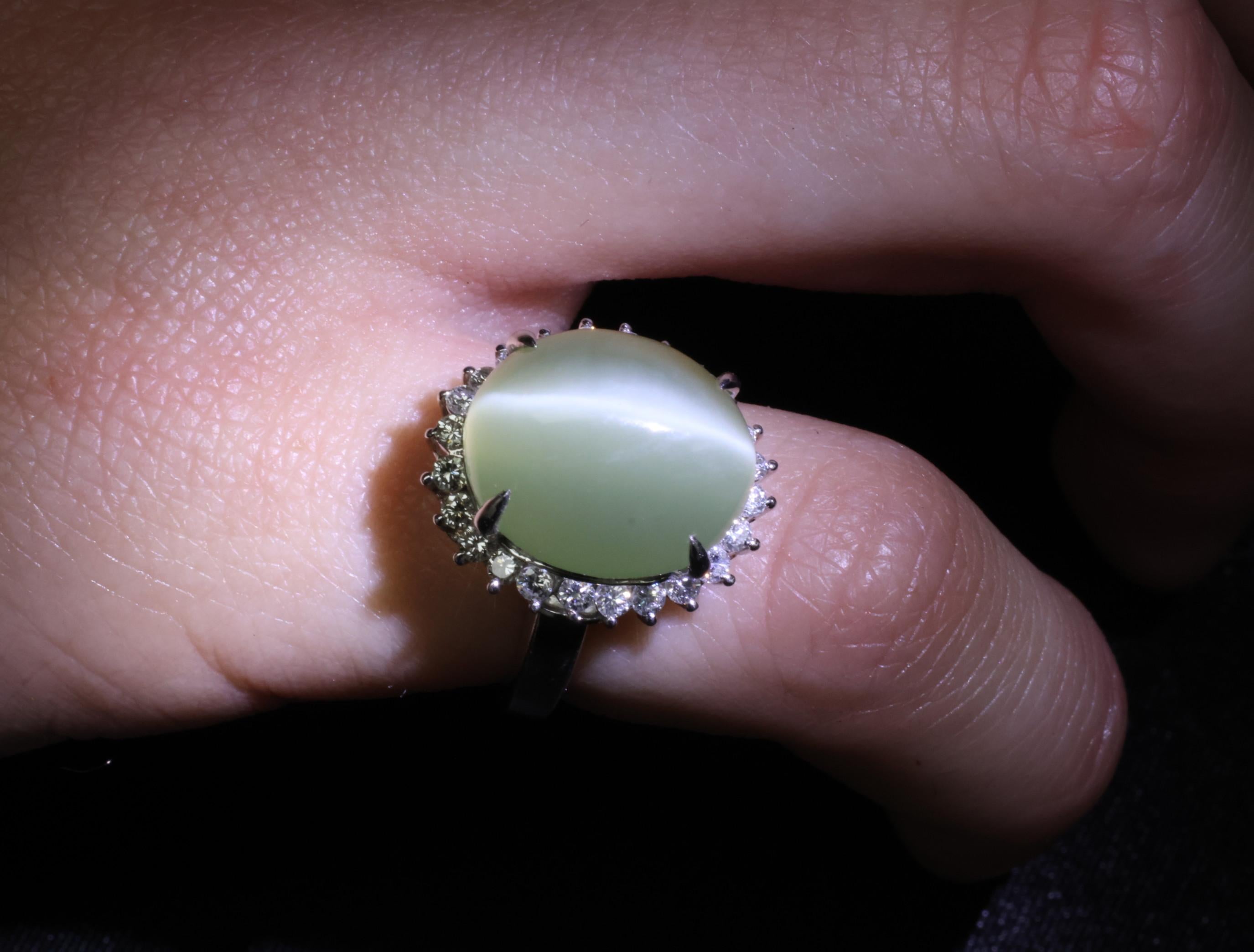 Rare 7.73ct Natural Nephrite Jade Cat's Eye 0.55ct Diamond Platinum Ring Sz 4.25