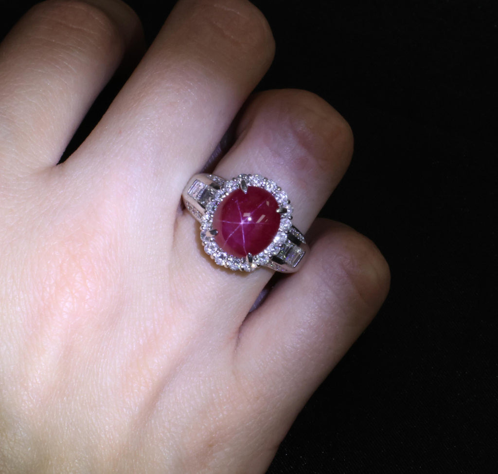 Fine 6.82ct Mitsukoshi Natural Star Ruby 1.50ct Diamond Platinum Ring, Size 7.75