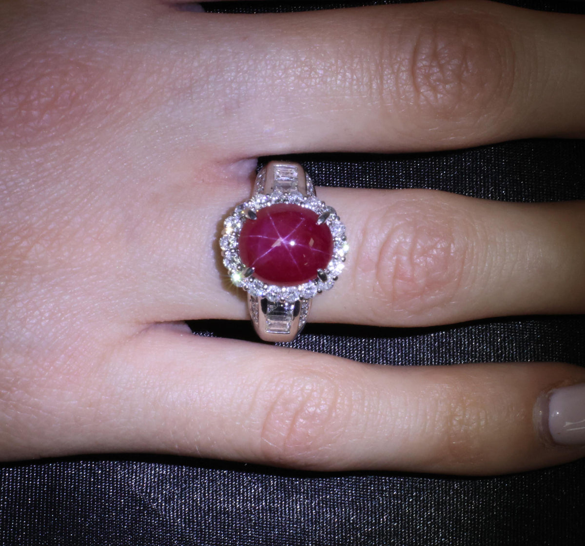 Fine 6.82ct Mitsukoshi Natural Star Ruby 1.50ct Diamond Platinum Ring, Size 7.75