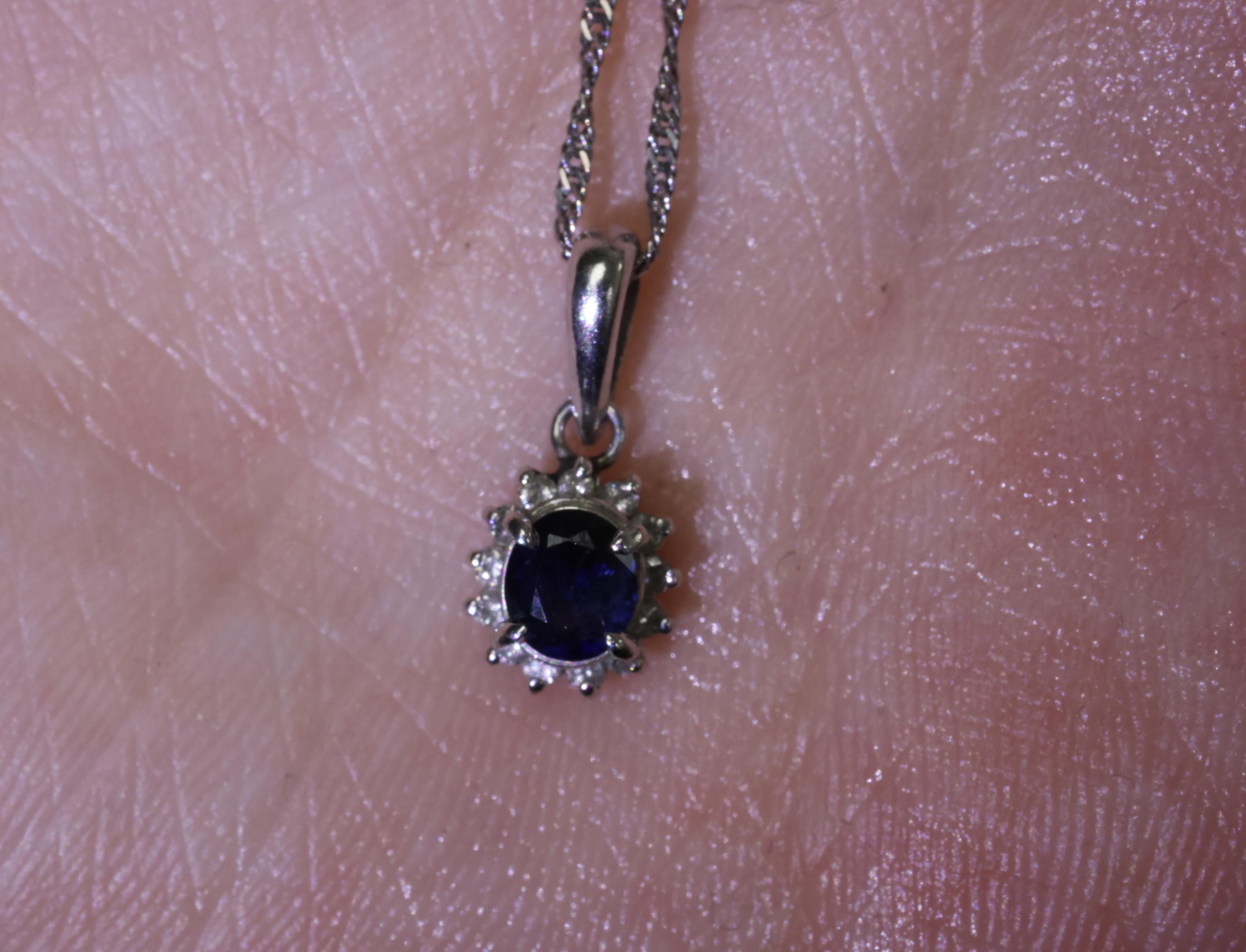 Estate 0.29ct Royal Blue Sapphire & 0.19ct Diamond Platinum Halo Necklace