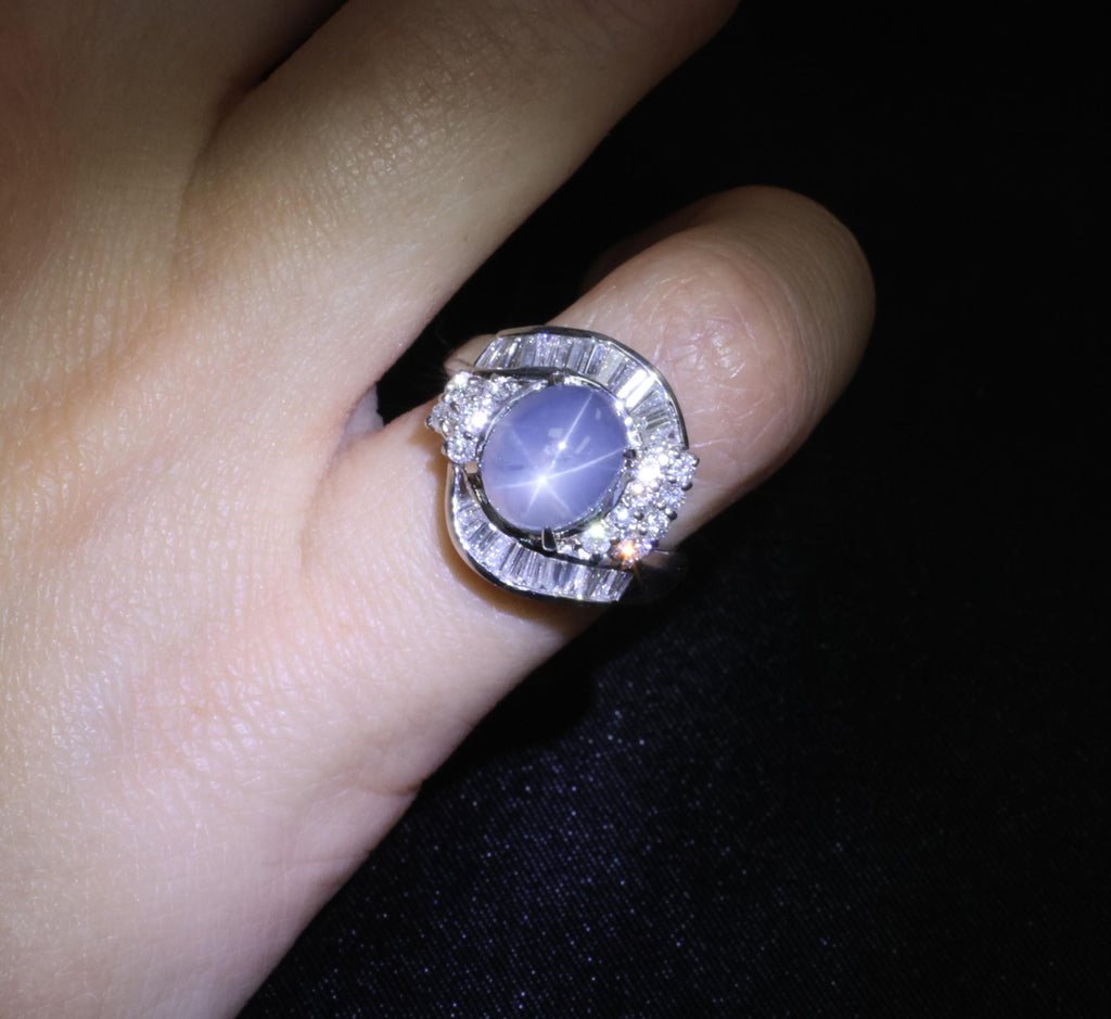 5.22ct Natural Blue Star Sapphire & 0.70ct Diamond Halo Platinum Ring, Size 4.5