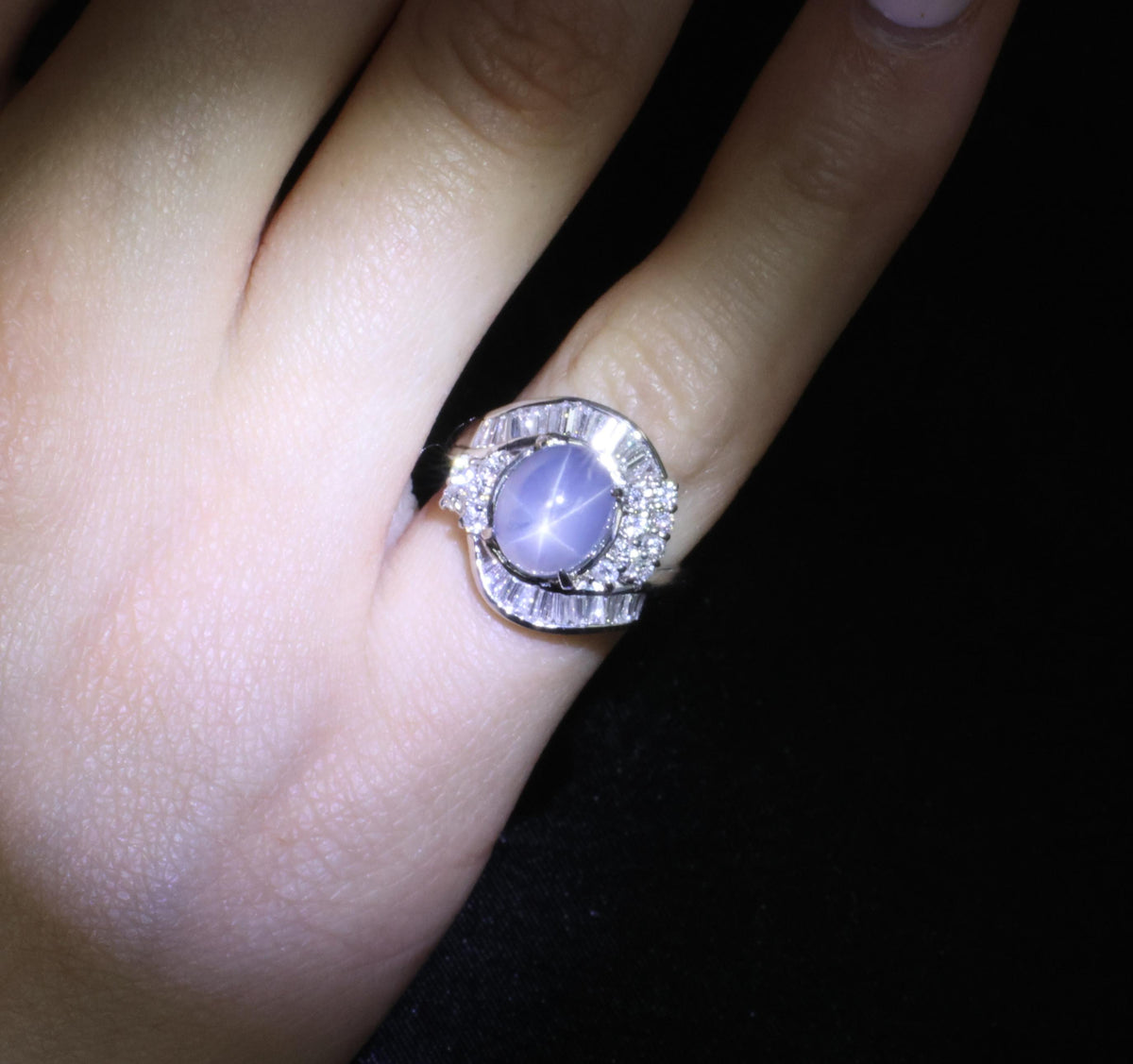 5.22ct Natural Blue Star Sapphire & 0.70ct Diamond Halo Platinum Ring, Size 4.5