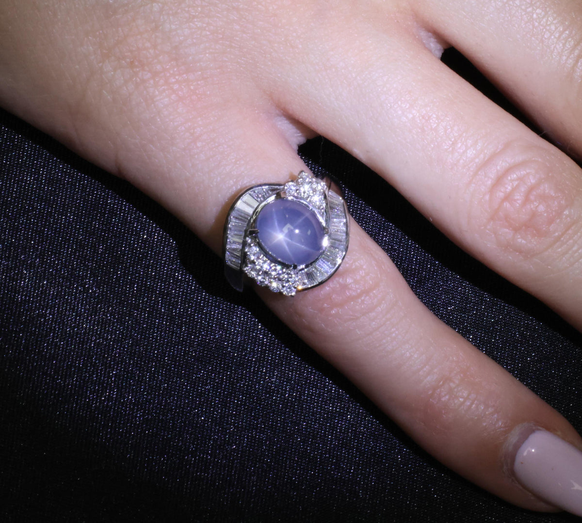 5.22ct Natural Blue Star Sapphire & 0.70ct Diamond Halo Platinum Ring, Size 4.5