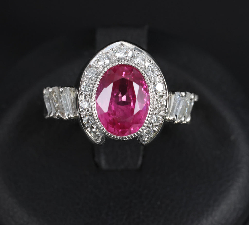 2.56ct GIA Burma Pink Sapphire 0.65ct Diamond Platinum Playing Card Ring, Size 6