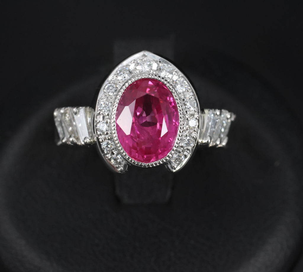 2.56ct GIA Burma Pink Sapphire 0.65ct Diamond Platinum Playing Card Ring, Size 6