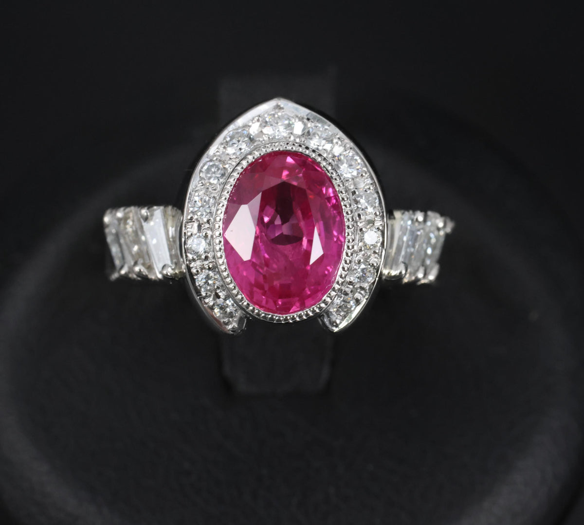2.56ct GIA Burma Pink Sapphire 0.65ct Diamond Platinum Playing Card Ring, Size 6