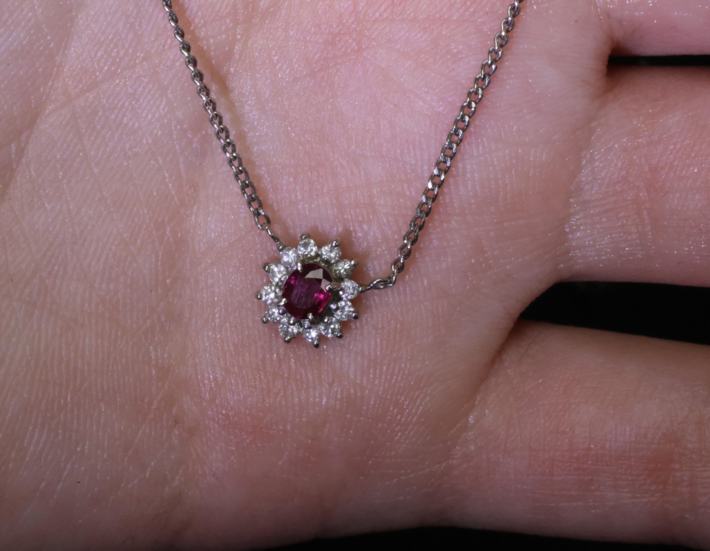 Fine 0.36ct Intense Red Ruby & 0.15ct Diamond Platinum Halo Necklace