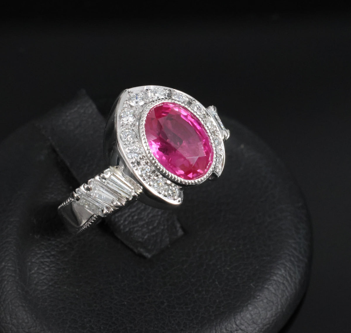 2.56ct GIA Burma Pink Sapphire 0.65ct Diamond Platinum Playing Card Ring, Size 6