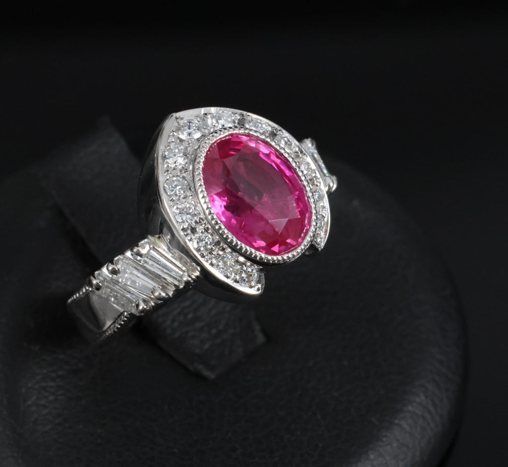 2.56ct GIA Burma Pink Sapphire 0.65ct Diamond Platinum Playing Card Ring, Size 6