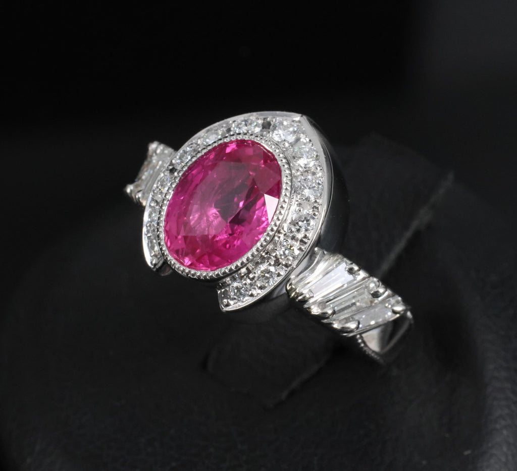 2.56ct GIA Burma Pink Sapphire 0.65ct Diamond Platinum Playing Card Ring, Size 6